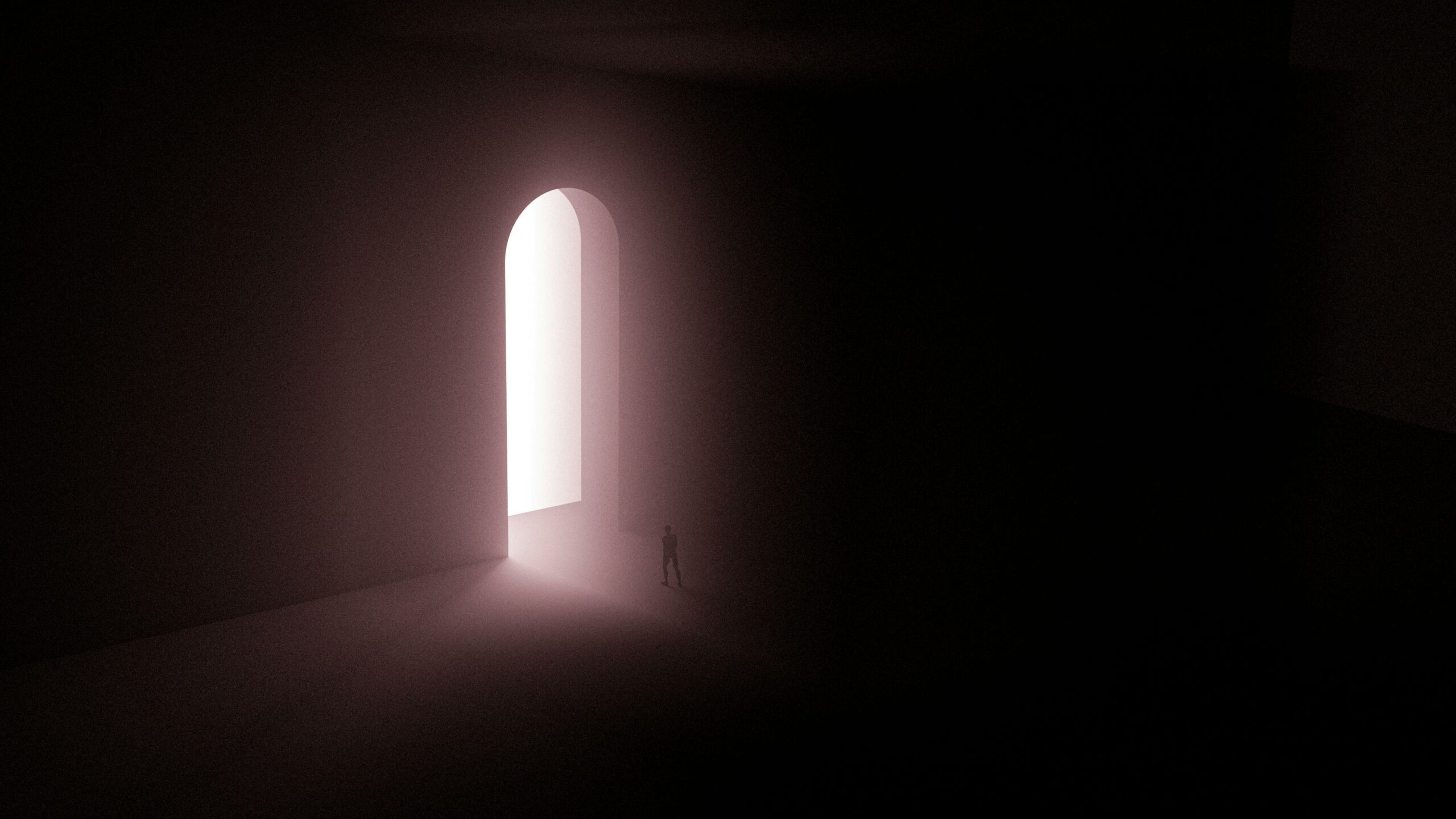 Ilustración digital que muestra una puerta grande que da entrada a una habitación blanca, y una persona entrando en ella.